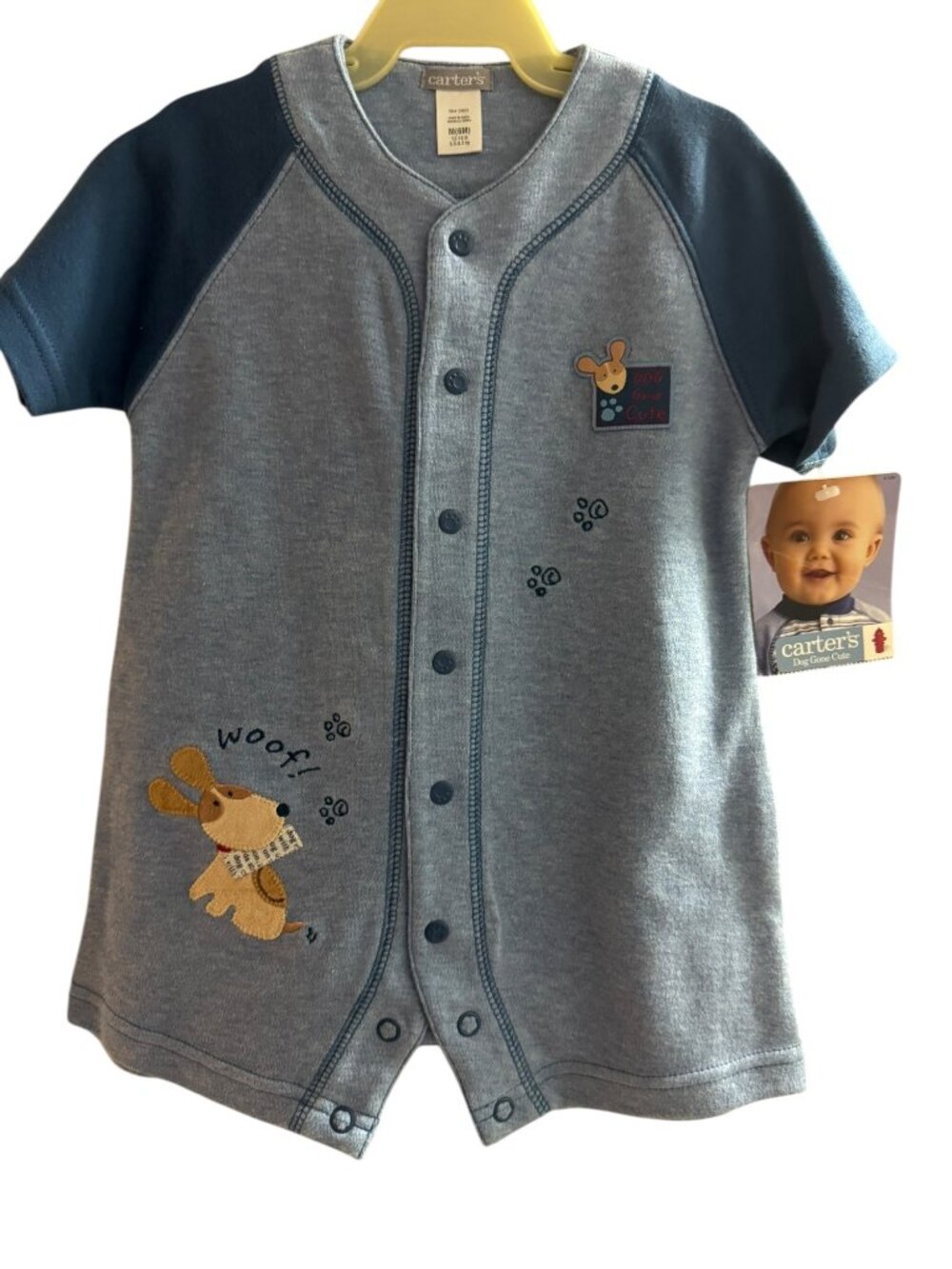 Carters Baby Romper Dog Theme Gray & Navy Short Sleeve Size 6-9 Months NWT